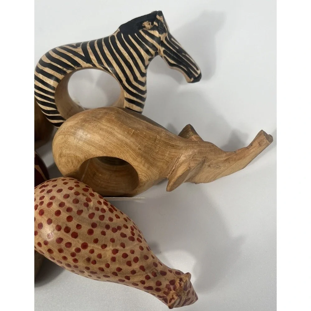 Hand Carved African Safari Animals Wood Napkin Rings Set of 6 Tribal Folk Art